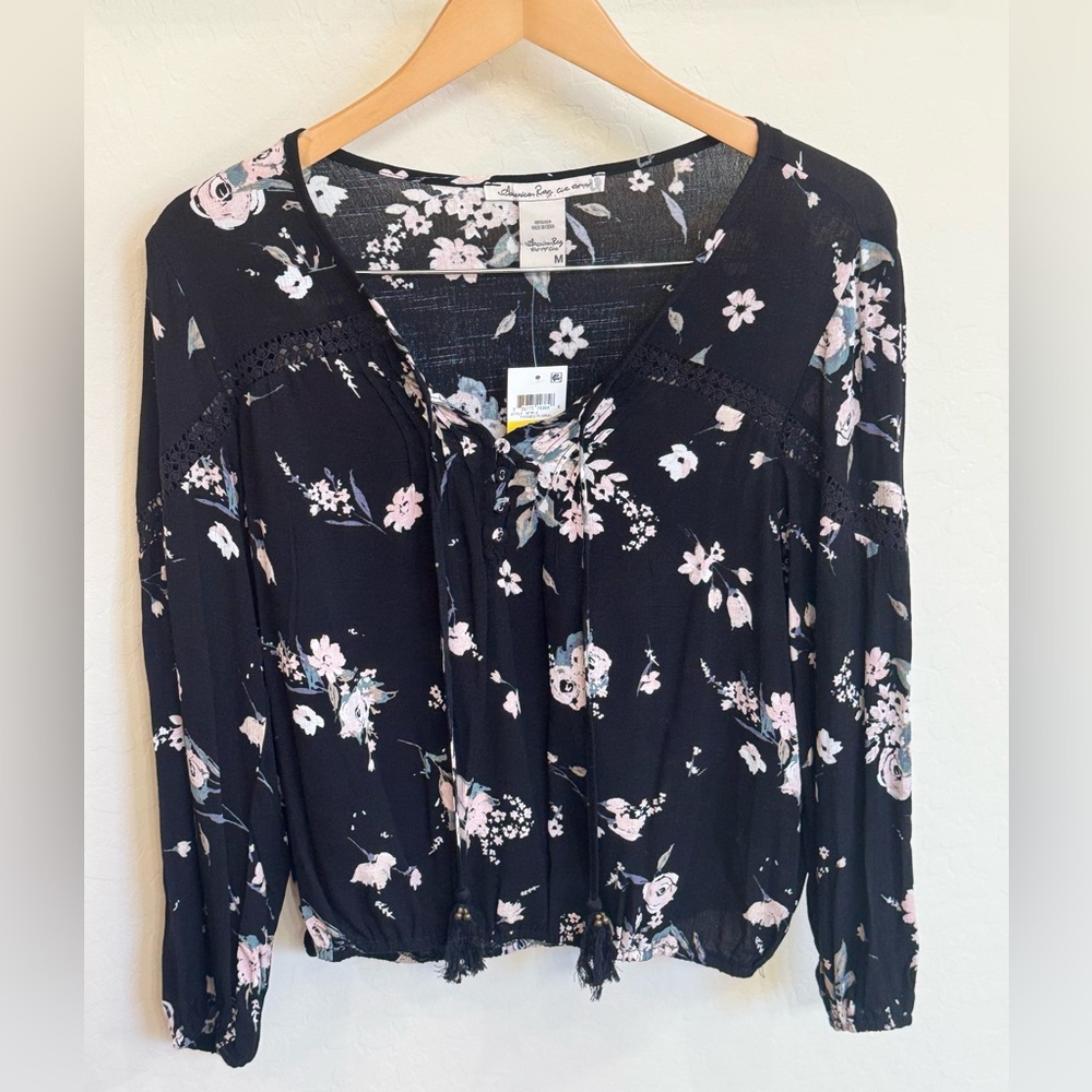 NWT American Rag Cie Black Floral Peasant Blouse Tie-Front Long Sleeve Medium
